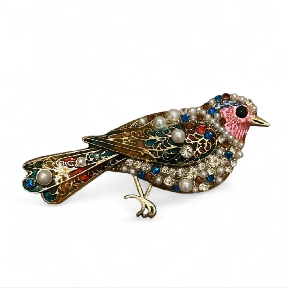 Fashion Jewelry Pink & Gold Enamel and Pearl Bird Brooch